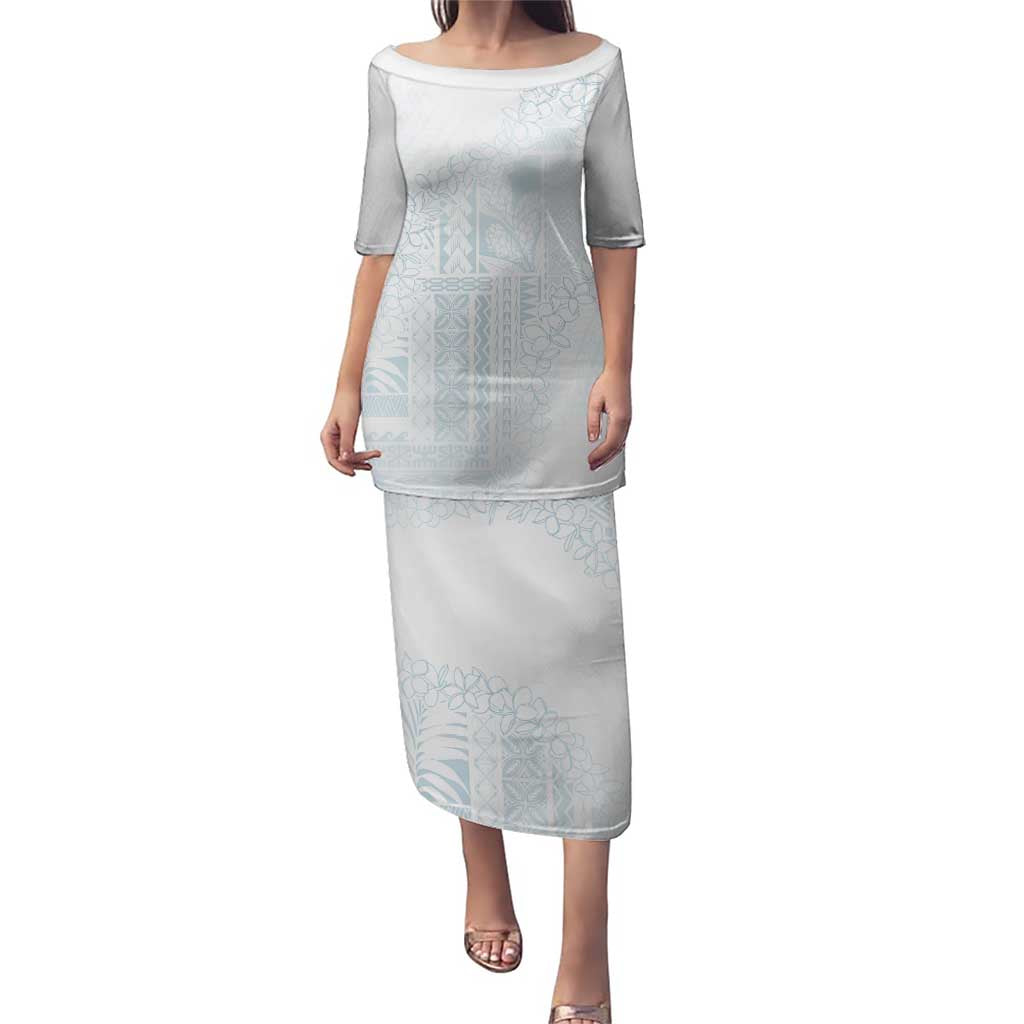 Samoa Lotu Tamaiti Mamanu Siapo Puletasi Off White Plumeria LT7 Long Dress Baby Blue - Polynesian Pride