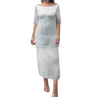 Samoa Lotu Tamaiti Mamanu Siapo Puletasi Off White Plumeria LT7 Long Dress Baby Blue - Polynesian Pride