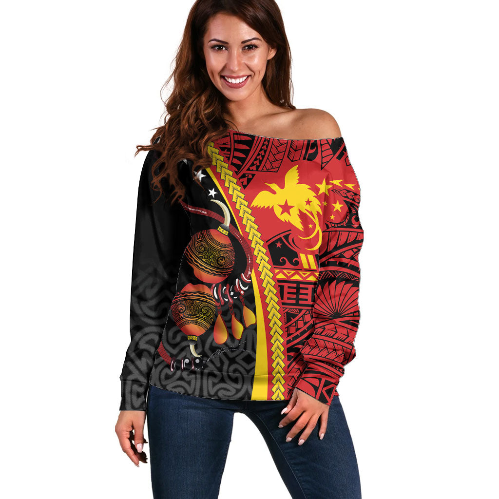 Papua New Guinea Independence Personalised Off Shoulder Sweater PNG Bagi and Lime Pot LT7 Women Black - Polynesian Pride