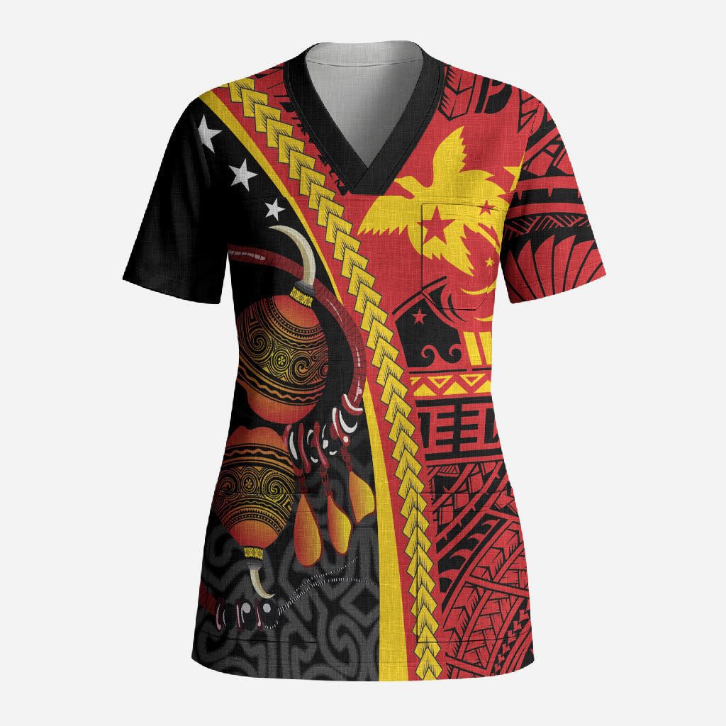 Papua New Guinea Independence Personalised Scrub Top PNG Bagi and Lime Pot LT7 Adult Black - Polynesian Pride