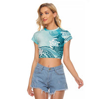 Polynesia Turtle Raglan Cropped T Shirt Watercolor Abstract Style LT7 Female Blue - Polynesian Pride