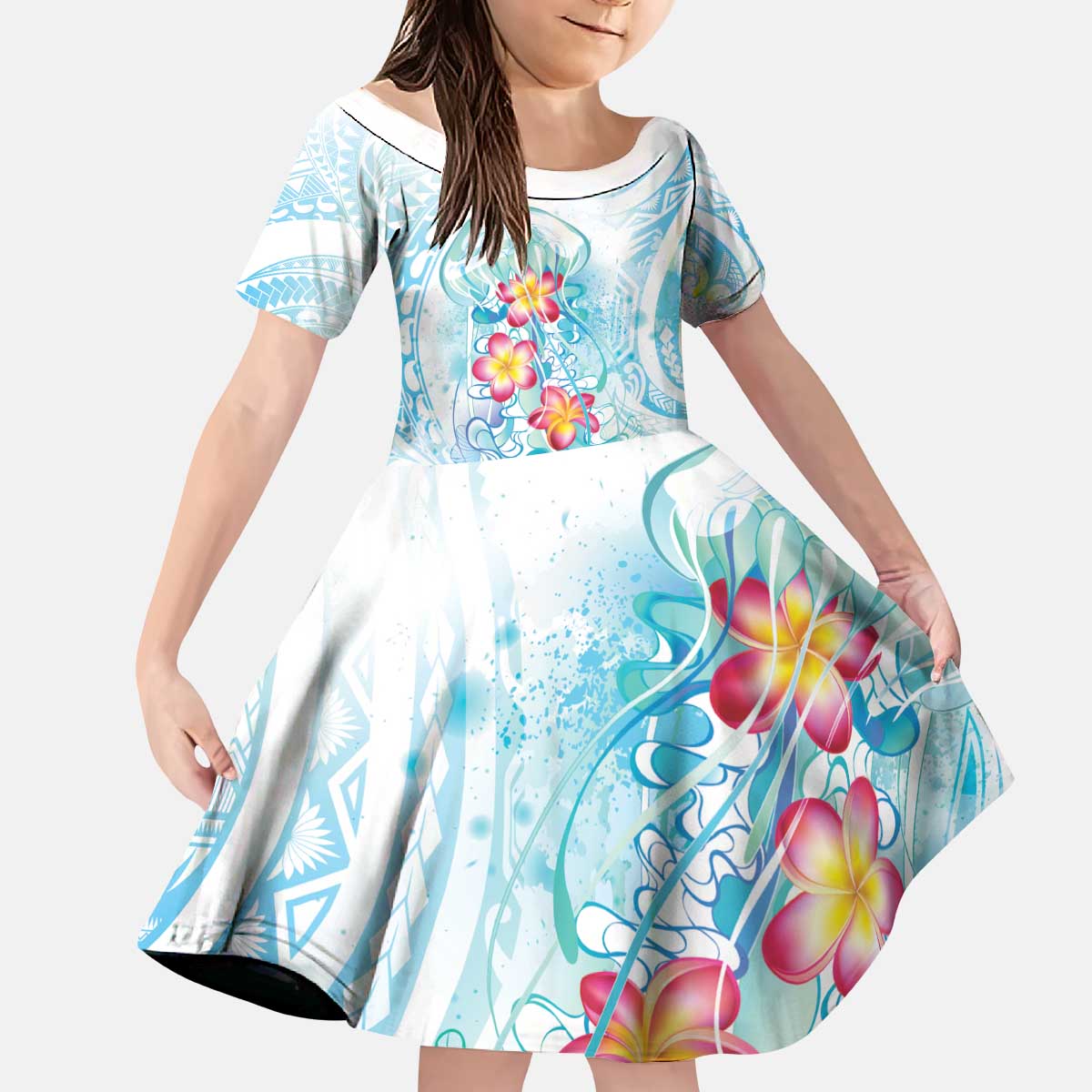 Sea Blue Polynesian Jellyfish Kid Short Sleeve Dress Watercolor Glows LT7 KID Light Blue - Polynesian Pride