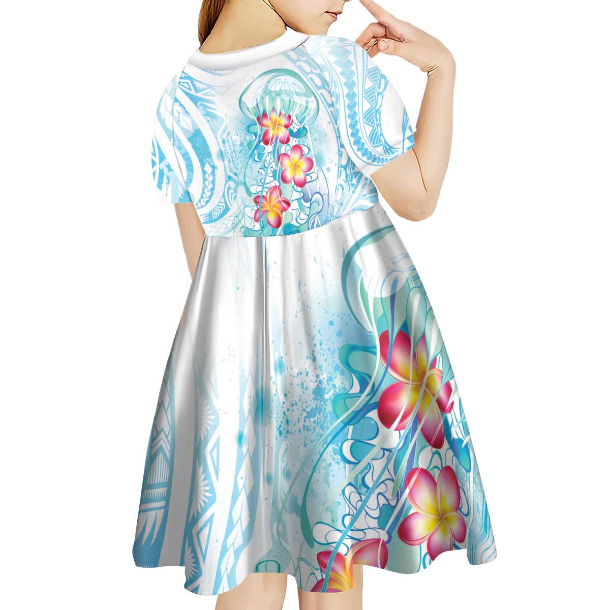 Sea Blue Polynesian Jellyfish Kid Short Sleeve Dress Watercolor Glows LT7 - Polynesian Pride