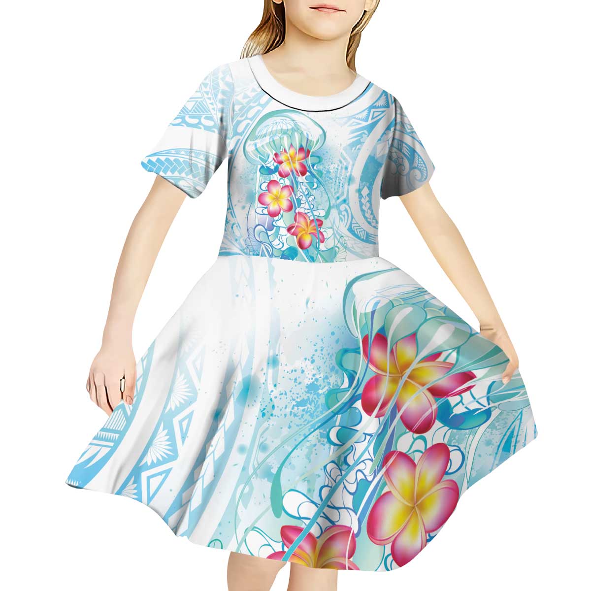 Sea Blue Polynesian Jellyfish Kid Short Sleeve Dress Watercolor Glows LT7 - Polynesian Pride