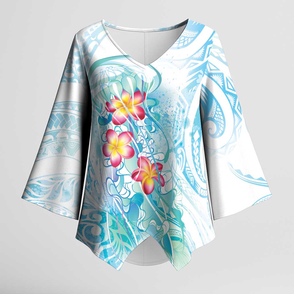 Sea Blue Polynesian Jellyfish Kimono Sleeve Blouse Watercolor Glows LT7 Female Light Blue - Polynesian Pride