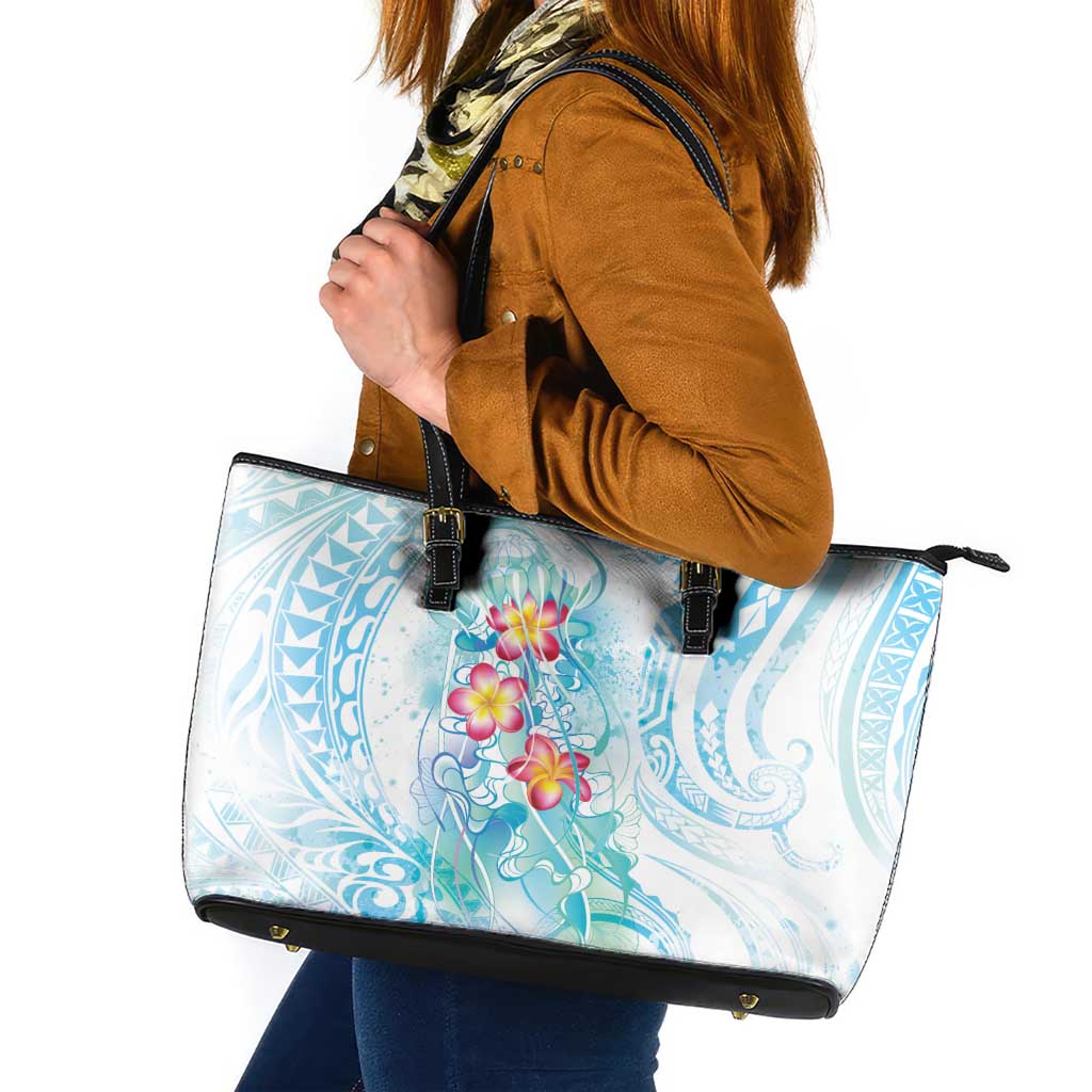 Sea Blue Polynesian Jellyfish Leather Tote Bag Watercolor Glows LT7 Light Blue - Polynesian Pride