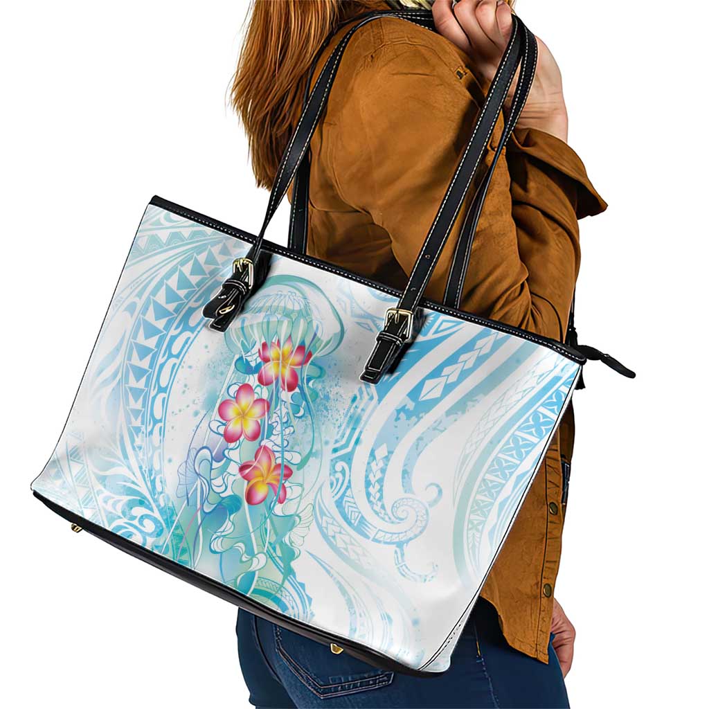 Sea Blue Polynesian Jellyfish Leather Tote Bag Watercolor Glows LT7 - Polynesian Pride