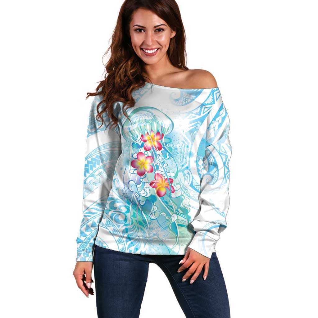 Sea Blue Polynesian Jellyfish Off Shoulder Sweater Watercolor Glows LT7 Women Light Blue - Polynesian Pride