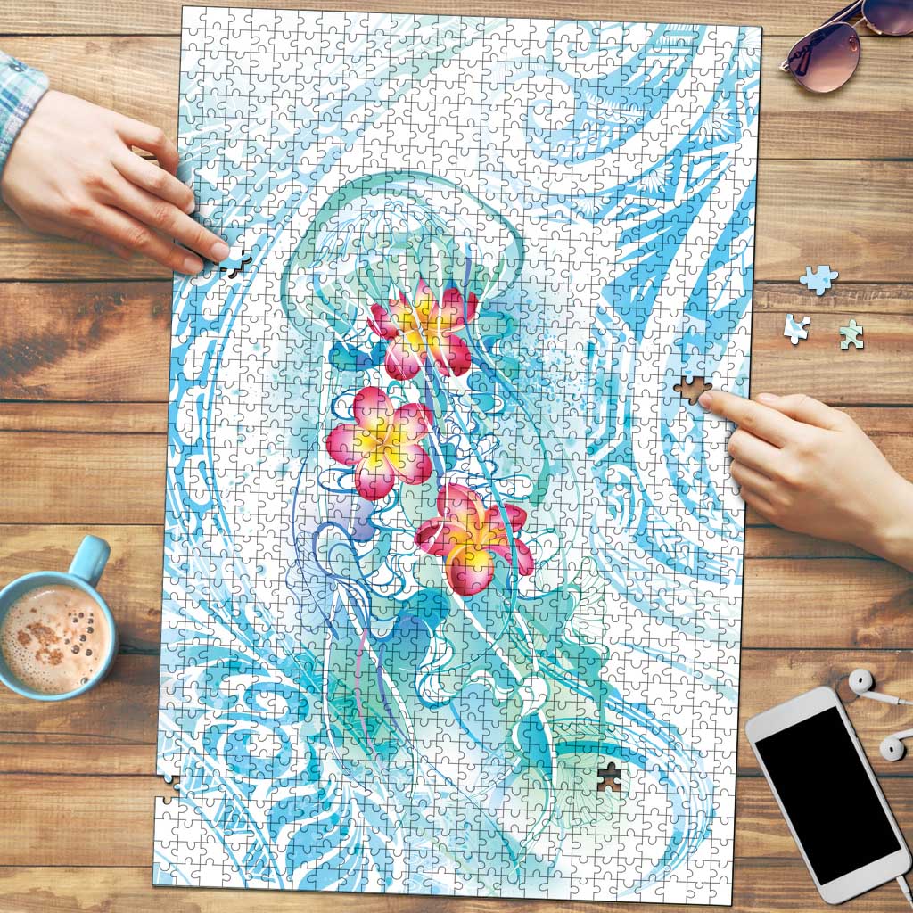 Sea Blue Polynesian Jellyfish Puzzle Watercolor Glows LT7 Light Blue - Polynesian Pride