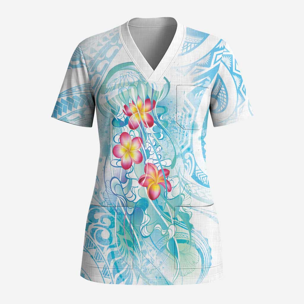 Sea Blue Polynesian Jellyfish Scrub Top Watercolor Glows LT7 Adult Light Blue - Polynesian Pride