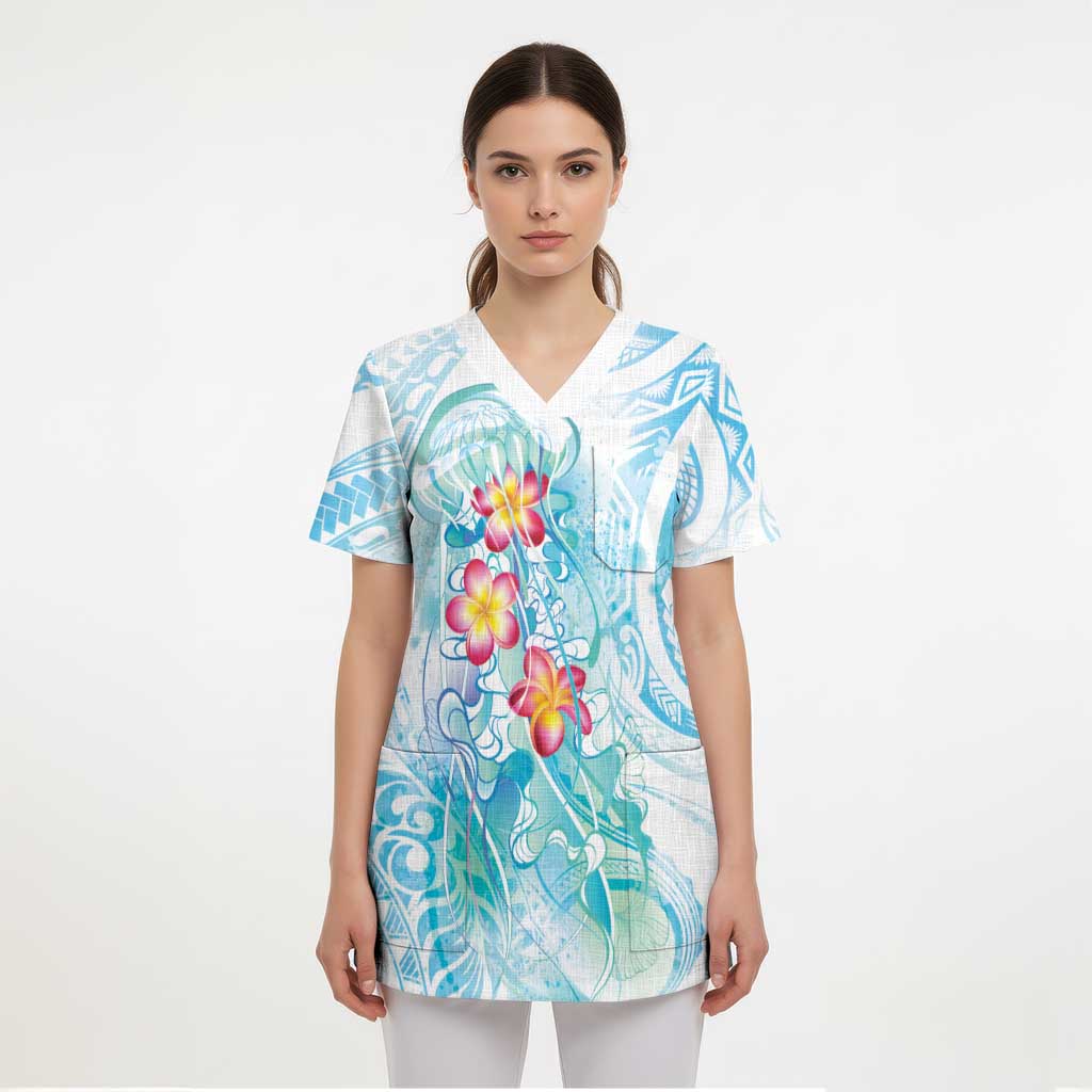 Sea Blue Polynesian Jellyfish Scrub Top Watercolor Glows LT7 - Polynesian Pride