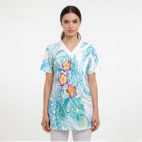 Sea Blue Polynesian Jellyfish Scrub Top Watercolor Glows LT7 - Polynesian Pride