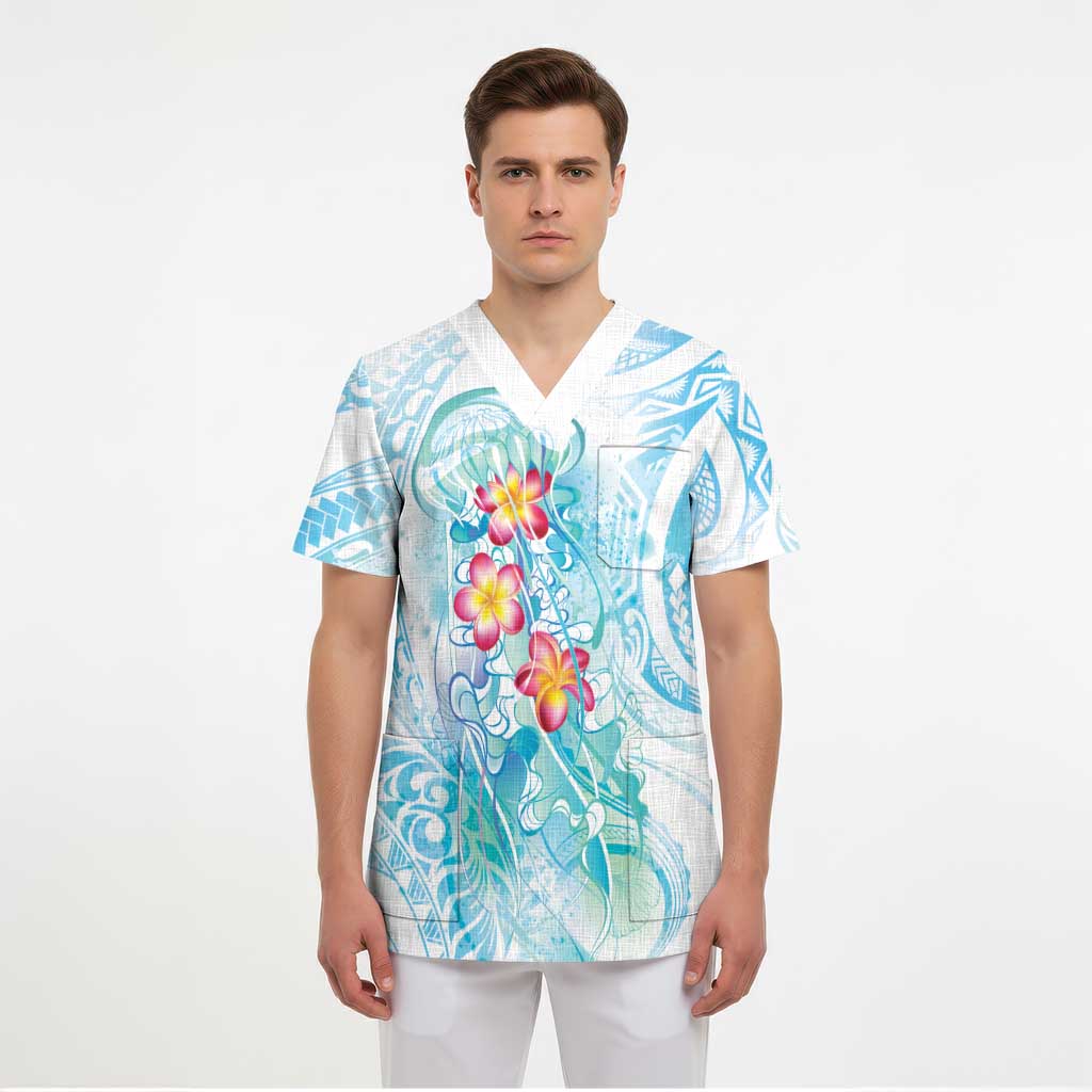 Sea Blue Polynesian Jellyfish Scrub Top Watercolor Glows LT7 - Polynesian Pride