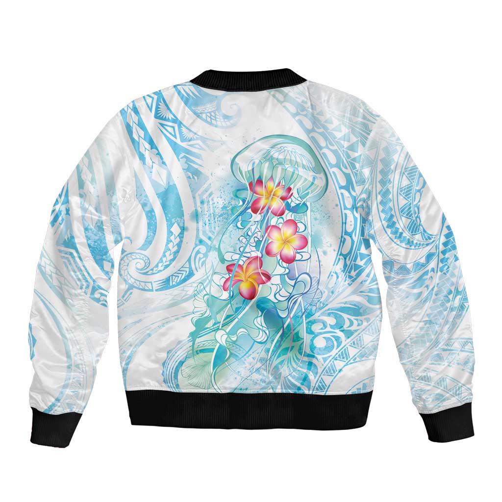 Sea Blue Polynesian Jellyfish Sleeve Zip Bomber Jacket Watercolor Glows LT7 - Polynesian Pride