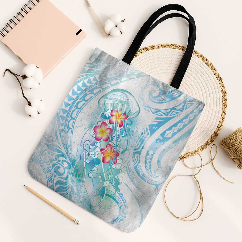 Sea Blue Polynesian Jellyfish Tote Bag Watercolor Glows LT7 Black Strap One Size Light Blue - Polynesian Pride