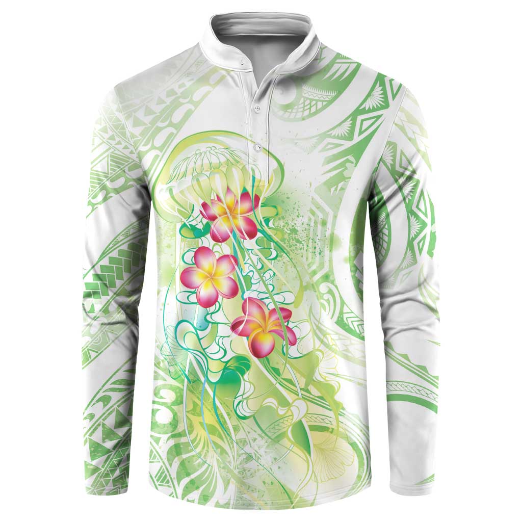 Summer Green Polynesian Jellyfish Button Sweatshirt Watercolor Glows LT7 Light Green - Polynesian Pride
