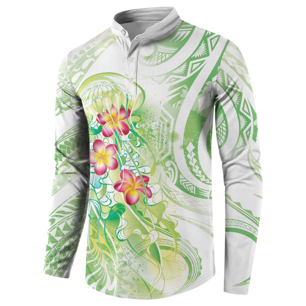 Summer Green Polynesian Jellyfish Button Sweatshirt Watercolor Glows LT7 - Polynesian Pride