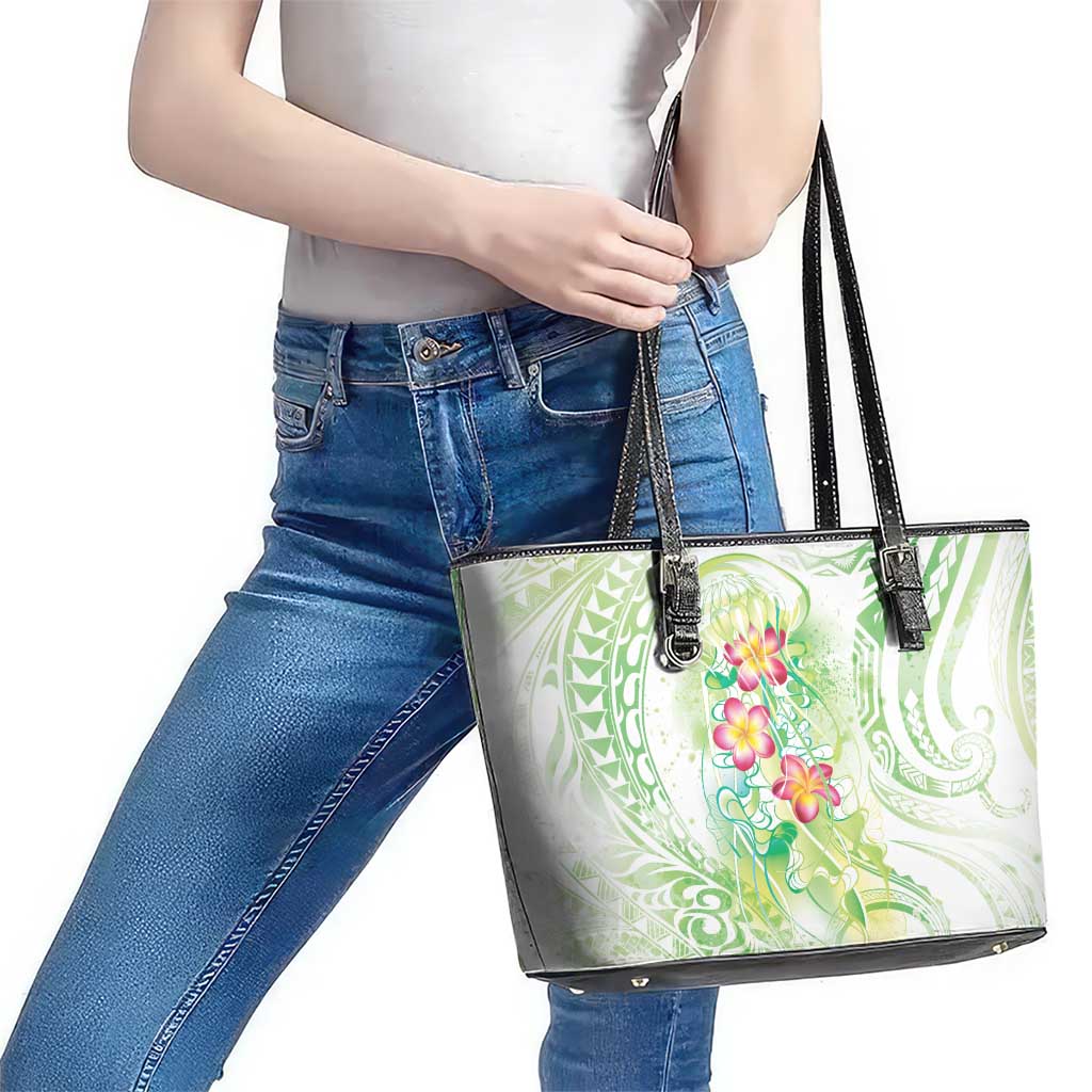 Summer Green Polynesian Jellyfish Leather Tote Bag Watercolor Glows LT7 - Polynesian Pride