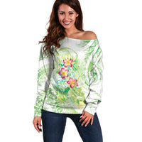 Summer Green Polynesian Jellyfish Off Shoulder Sweater Watercolor Glows LT7 Women Light Green - Polynesian Pride