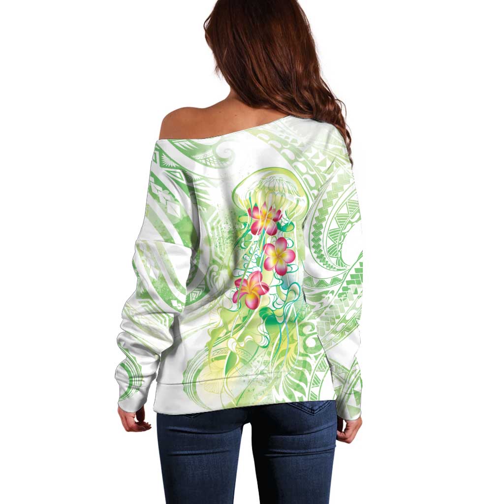 Summer Green Polynesian Jellyfish Off Shoulder Sweater Watercolor Glows LT7 - Polynesian Pride