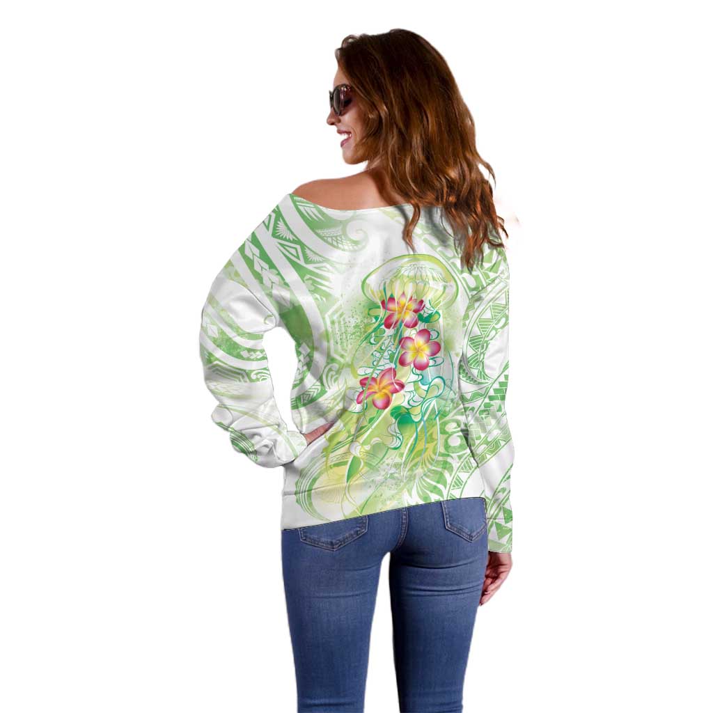 Summer Green Polynesian Jellyfish Off Shoulder Sweater Watercolor Glows LT7 - Polynesian Pride