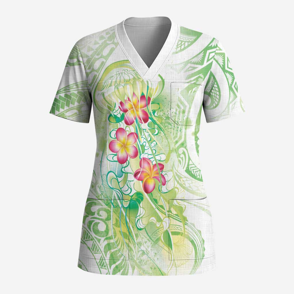 Summer Green Polynesian Jellyfish Scrub Top Watercolor Glows LT7 Adult Light Green - Polynesian Pride