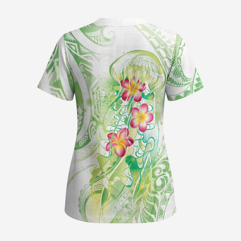 Summer Green Polynesian Jellyfish Scrub Top Watercolor Glows LT7 - Polynesian Pride
