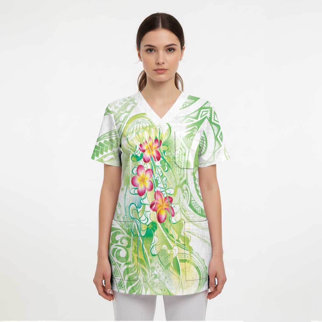 Summer Green Polynesian Jellyfish Scrub Top Watercolor Glows LT7 - Polynesian Pride