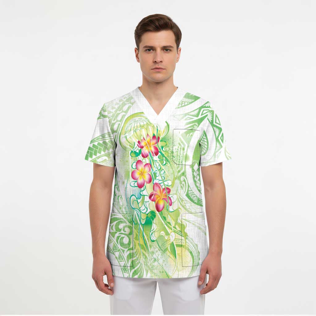 Summer Green Polynesian Jellyfish Scrub Top Watercolor Glows LT7 - Polynesian Pride