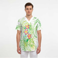 Summer Green Polynesian Jellyfish Scrub Top Watercolor Glows LT7 - Polynesian Pride