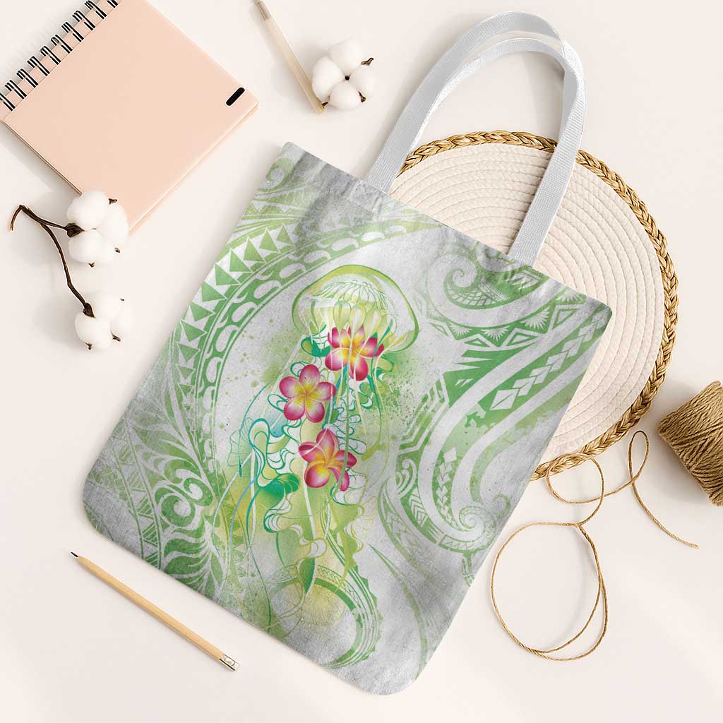 Summer Green Polynesian Jellyfish Tote Bag Watercolor Glows LT7 White Strap One Size Light Green - Polynesian Pride