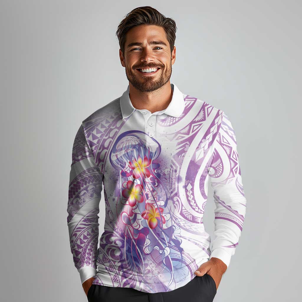 Lavender Polynesian Jellyfish Long Sleeve Polo Shirt Watercolor Glows LT7 - Polynesian Pride