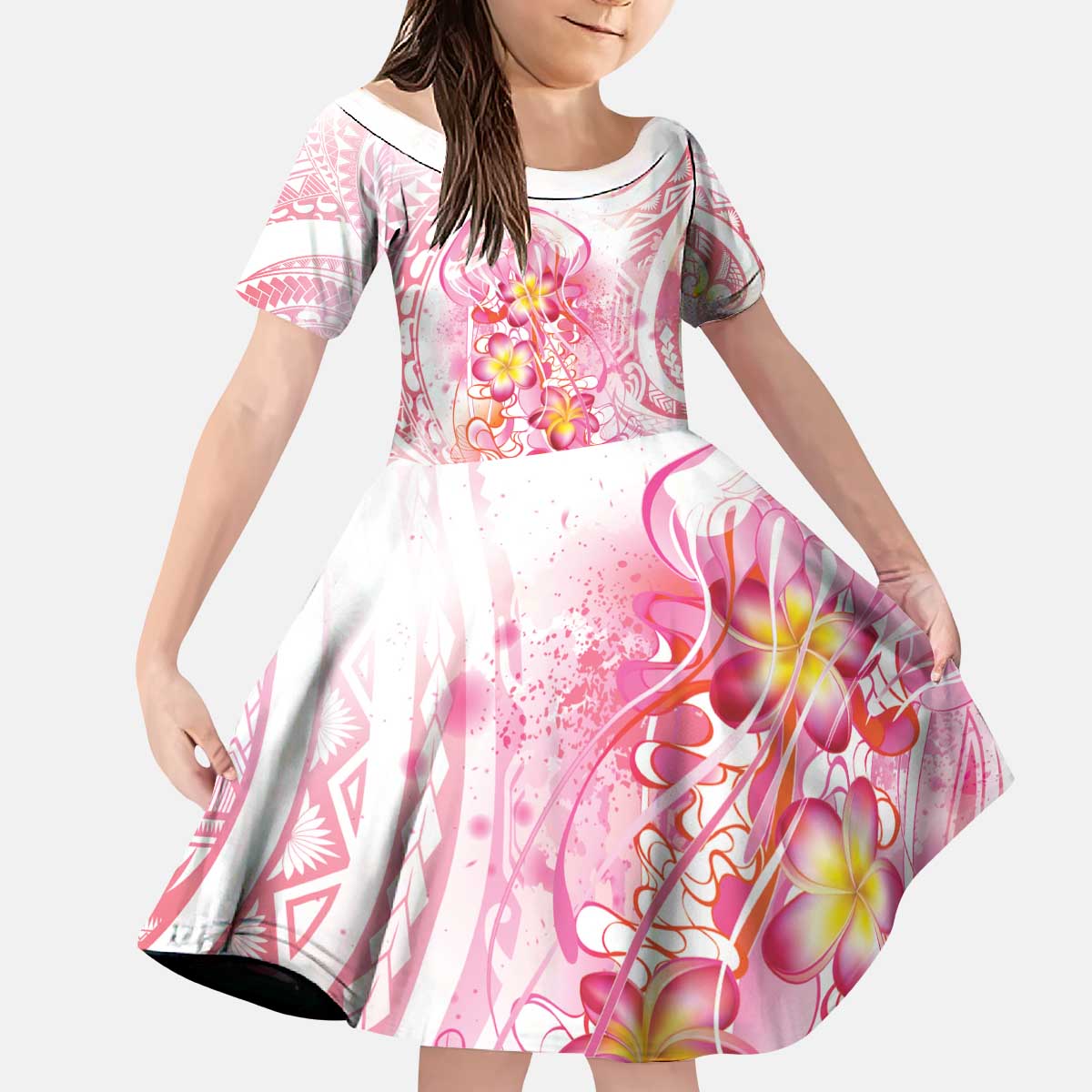 Rose Pink Polynesian Jellyfish Kid Short Sleeve Dress Watercolor Glows LT7 KID Rose Pink - Polynesian Pride