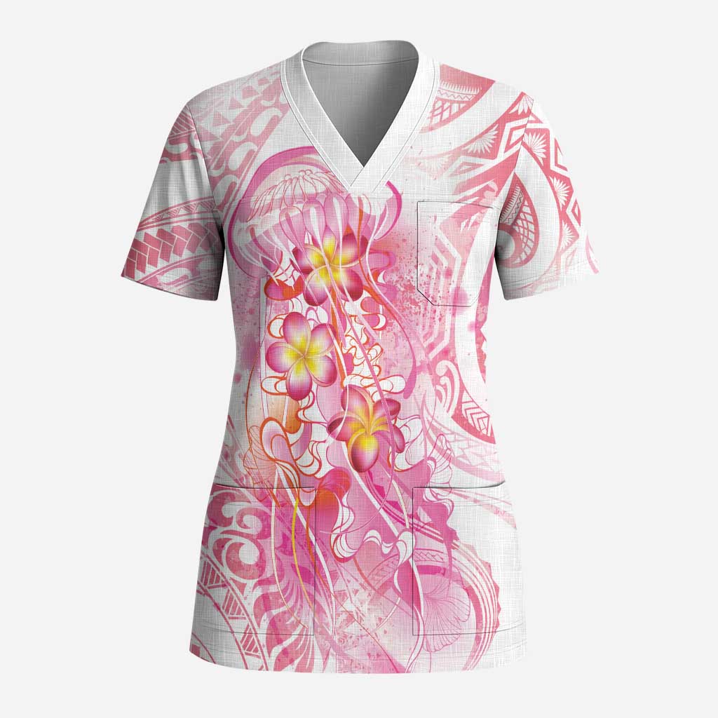 Rose Pink Polynesian Jellyfish Scrub Top Watercolor Glows LT7 Adult Rose Pink - Polynesian Pride