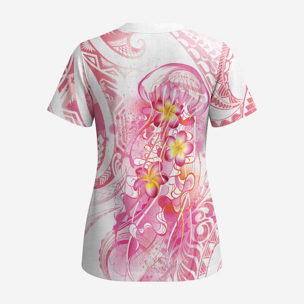 Rose Pink Polynesian Jellyfish Scrub Top Watercolor Glows LT7 - Polynesian Pride