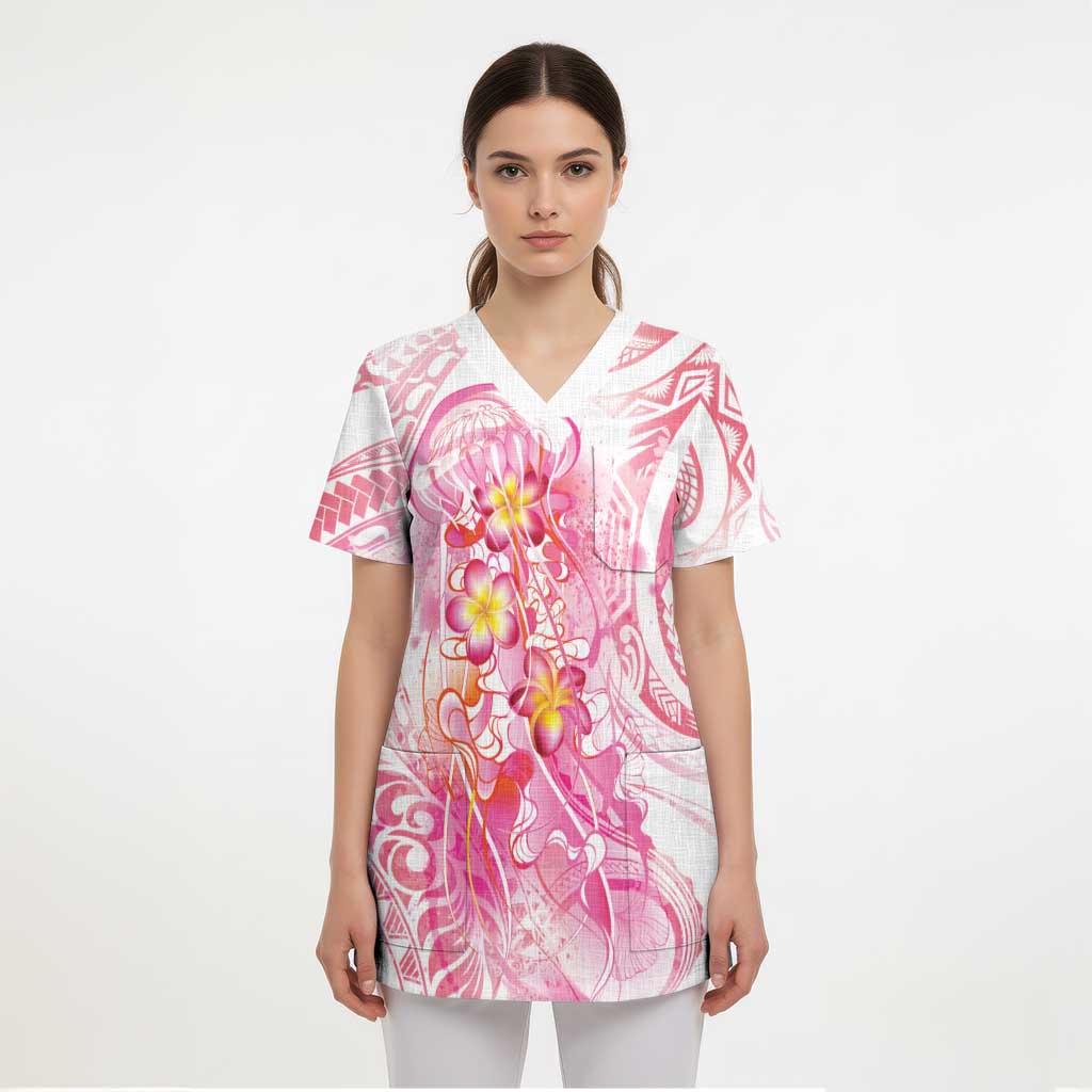 Rose Pink Polynesian Jellyfish Scrub Top Watercolor Glows LT7 - Polynesian Pride