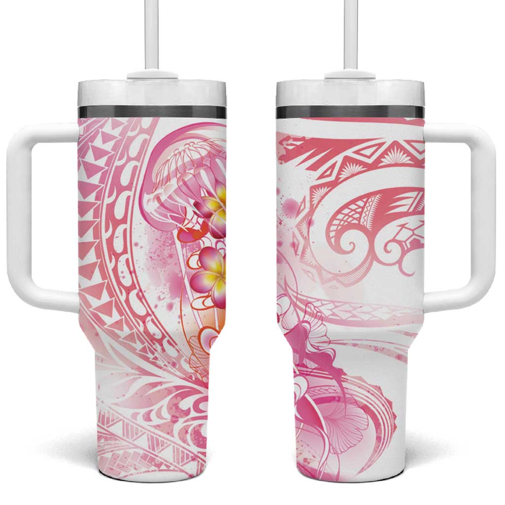 Rose Pink Polynesian Jellyfish Tumbler With Handle Watercolor Glows LT7 One Size: 40 oz Rose Pink - Polynesian Pride