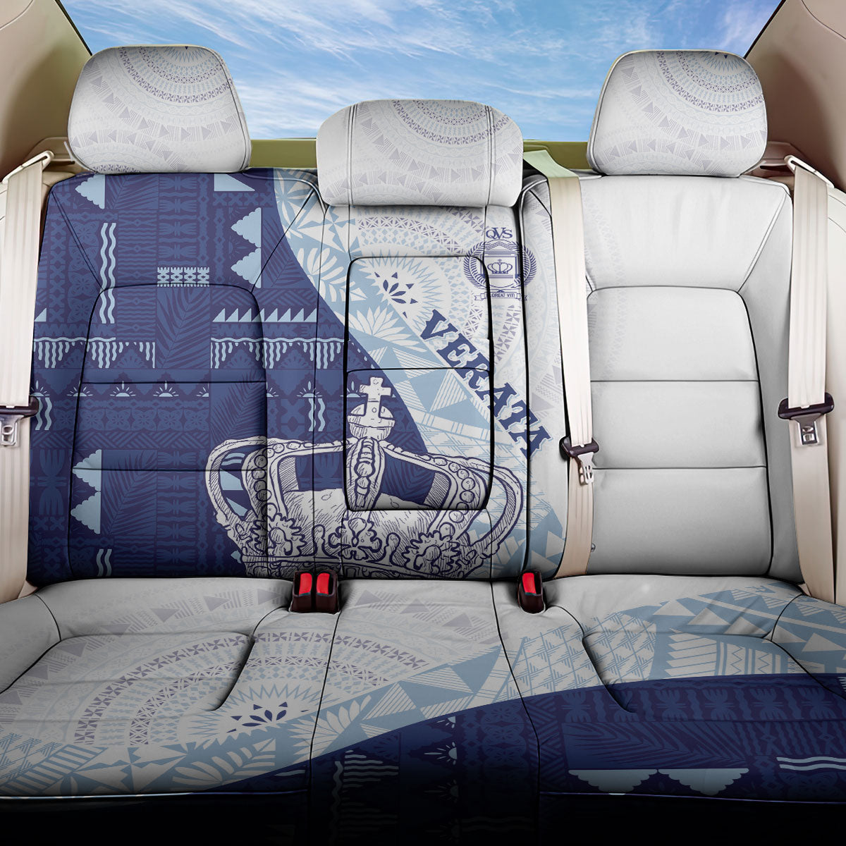 Queen Victoria School Fiji Vulinitu Verata House Back Car Seat Cover Masi Tapa LT7 One Size Blue - Polynesian Pride