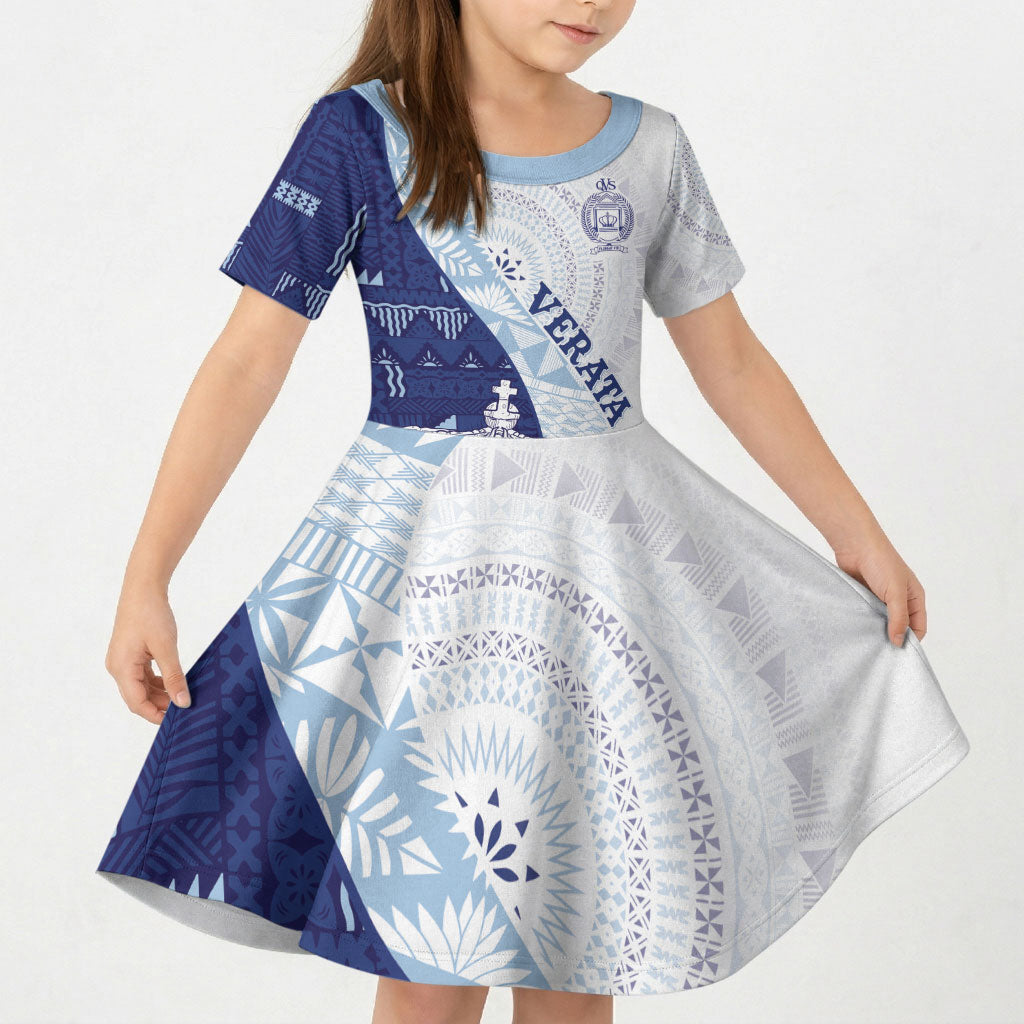 Queen Victoria School Fiji Vulinitu Verata House Kid Short Sleeve Dress Masi Tapa LT7 KID Blue - Polynesian Pride