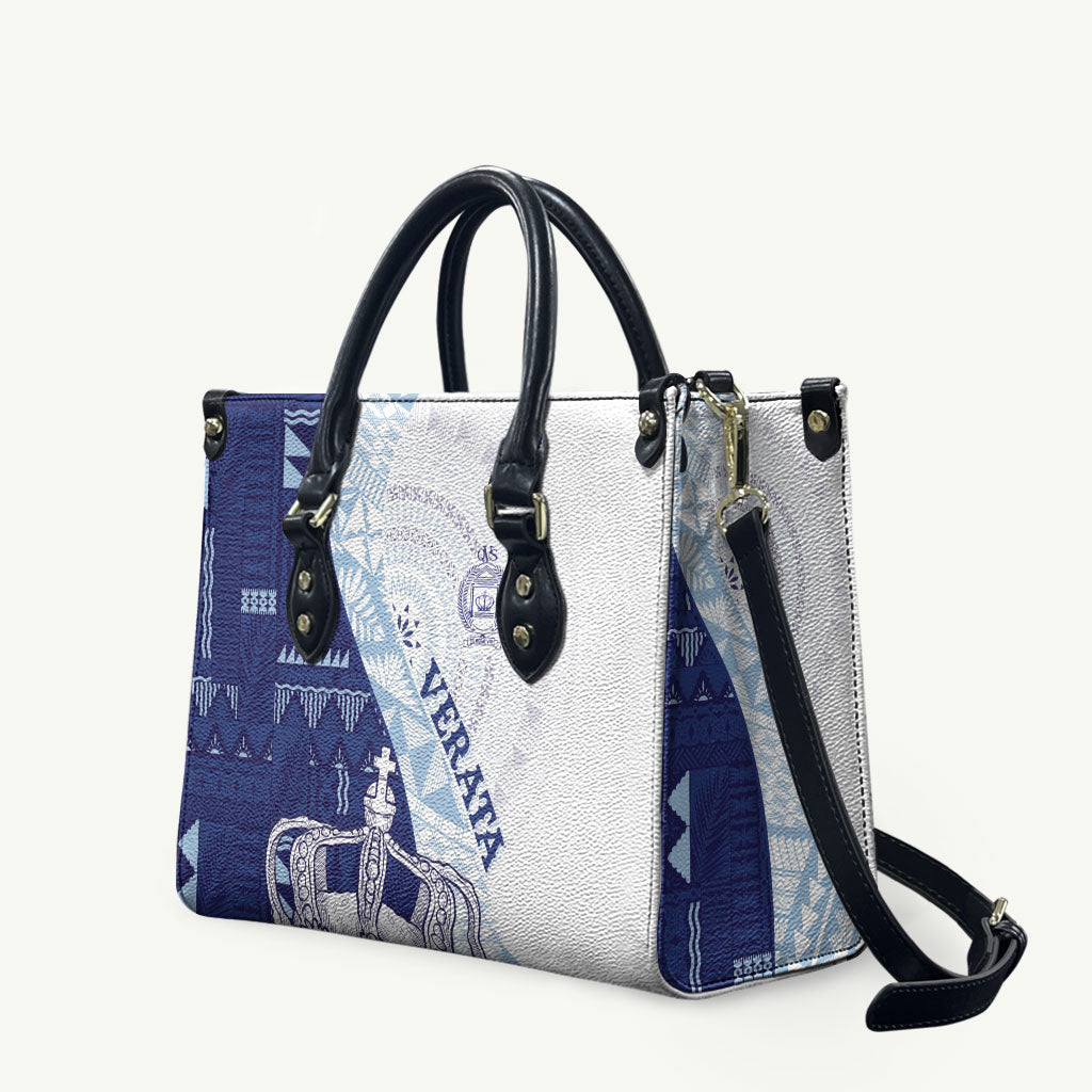 Queen Victoria School Fiji Vulinitu Verata House Leather Bag Masi Tapa LT7 Blue - Polynesian Pride