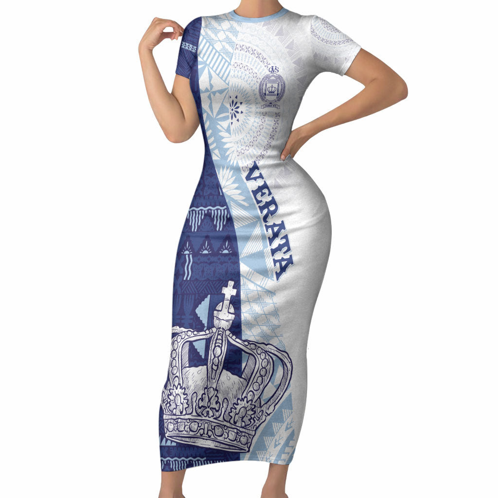 Queen Victoria School Fiji Vulinitu Verata House Short Sleeve Bodycon Dress Masi Tapa LT7 Long Dress Blue - Polynesian Pride