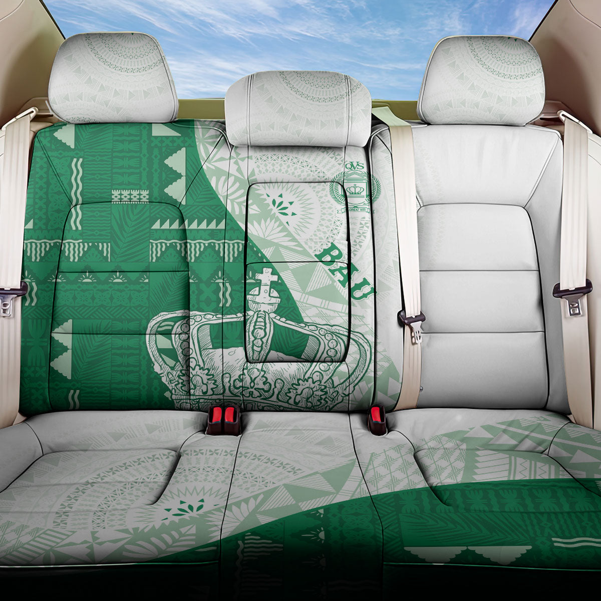 Queen Victoria School Fiji Vulinitu Bau House Back Car Seat Cover Masi Tapa LT7 One Size Green - Polynesian Pride