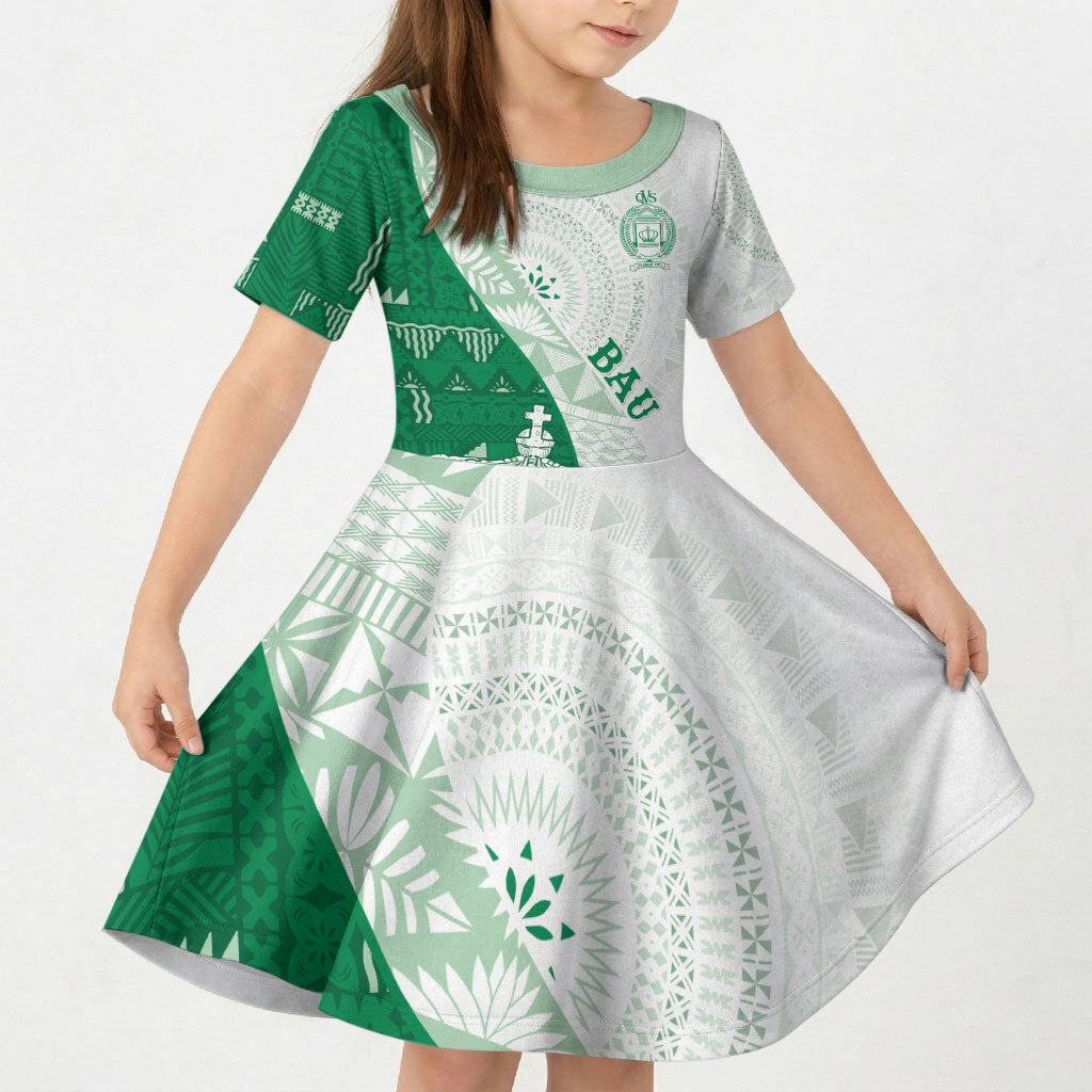 Queen Victoria School Fiji Vulinitu Bau House Kid Short Sleeve Dress Masi Tapa LT7 KID Green - Polynesian Pride