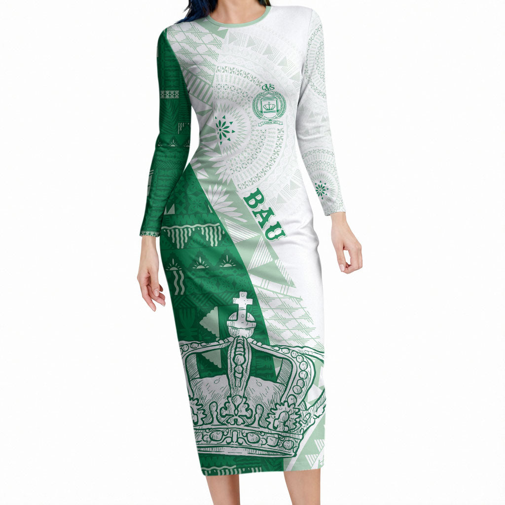 Queen Victoria School Fiji Vulinitu Bau House Long Sleeve Bodycon Dress Masi Tapa LT7 Long Dress Green - Polynesian Pride
