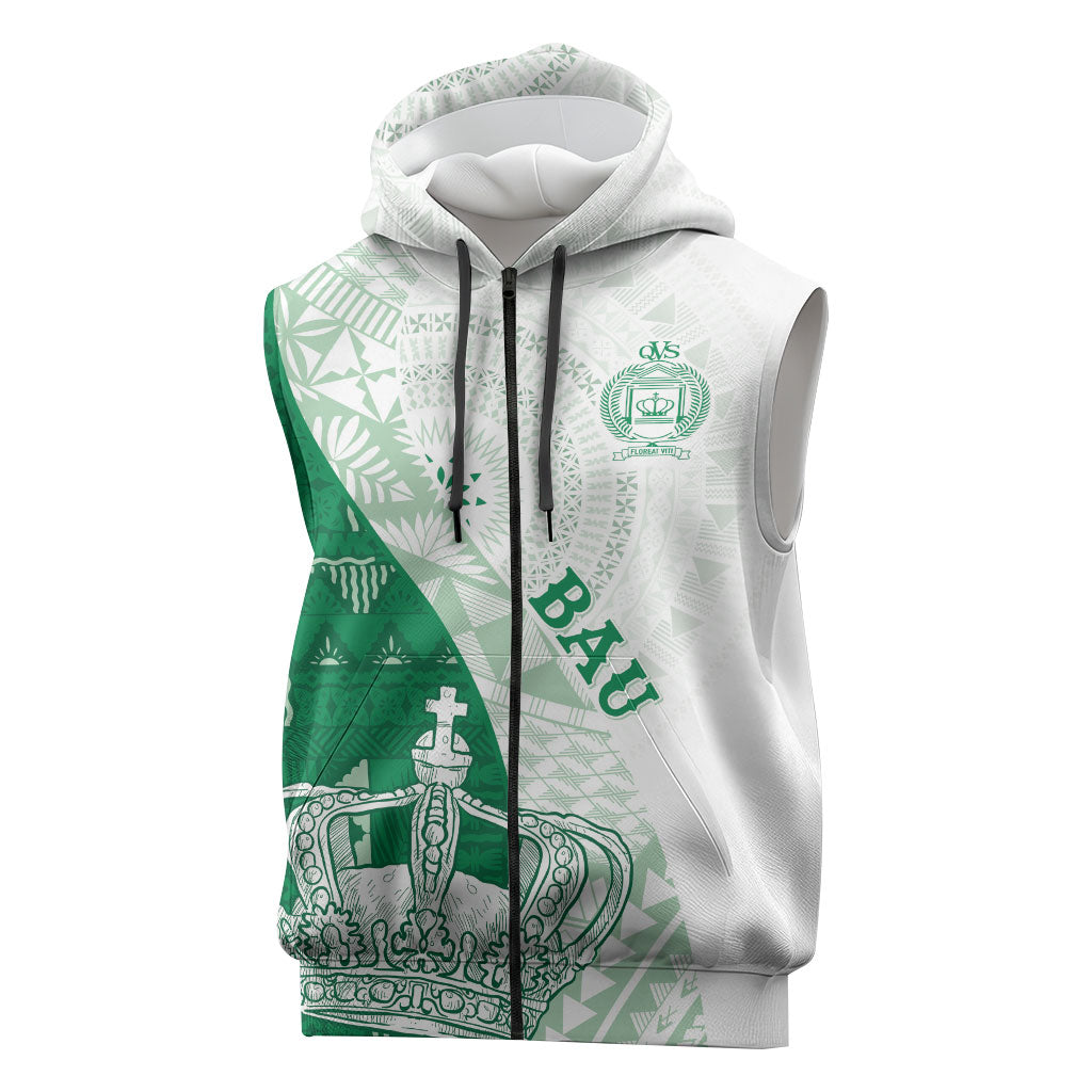 Queen Victoria School Fiji Vulinitu Bau House Sleeveless Zip Hoodie Masi Tapa LT7 Green - Polynesian Pride