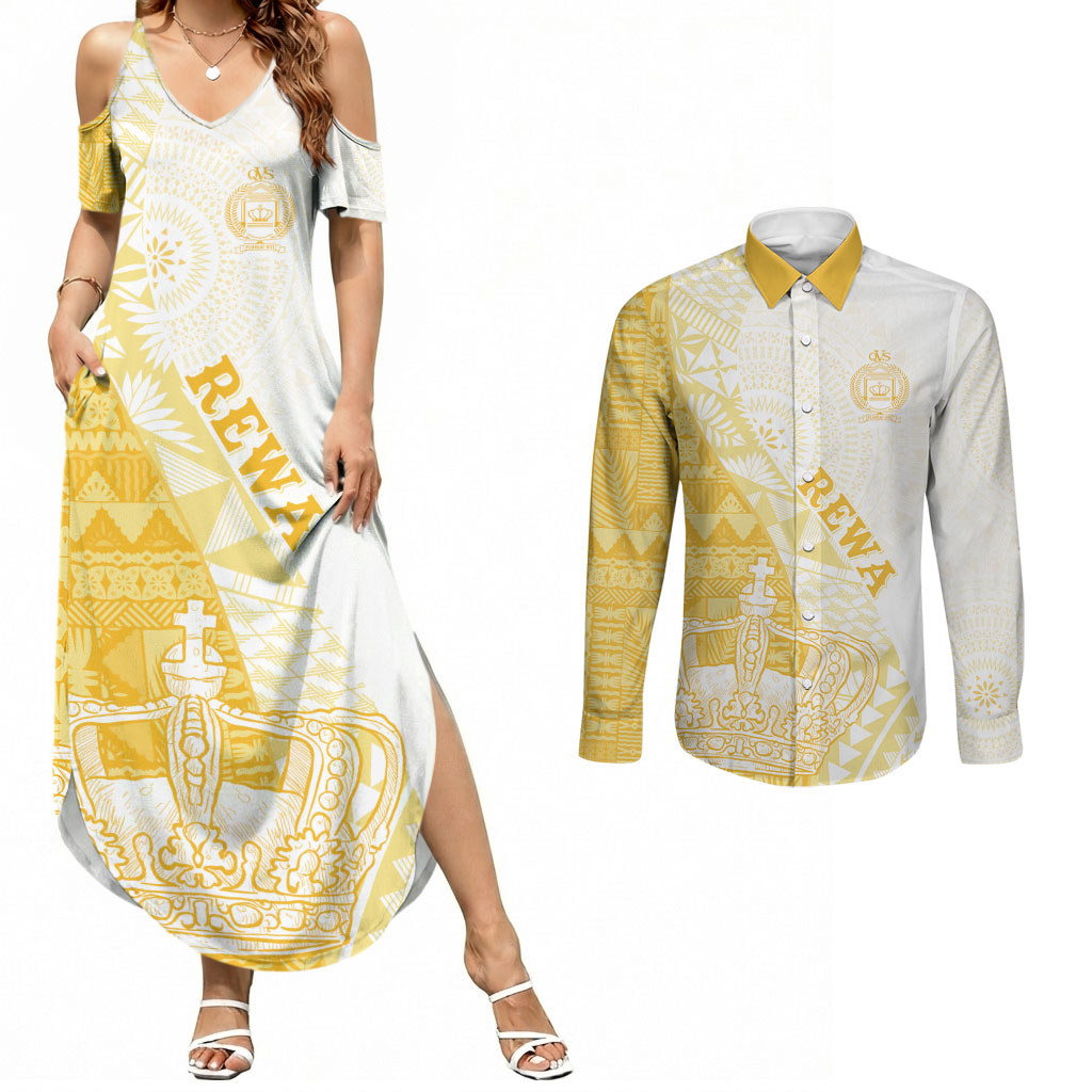 Queen Victoria School Fiji Vulinitu Rewa House Couples Matching Summer Maxi Dress and Long Sleeve Button Shirt Masi Tapa LT7 Yellow - Polynesian Pride