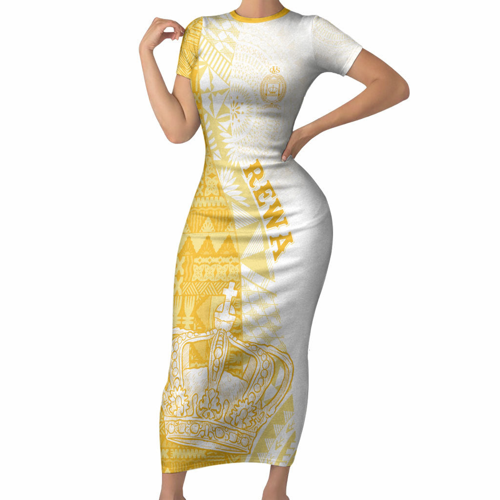 Queen Victoria School Fiji Vulinitu Rewa House Short Sleeve Bodycon Dress Masi Tapa LT7 Long Dress Yellow - Polynesian Pride
