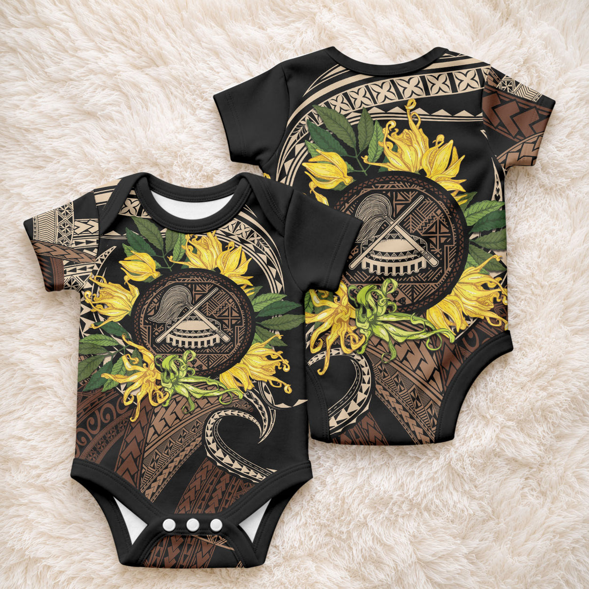 Samoa Moso'oi Flowers Tatau Baby Onesie Festive Tapa Brown LT7 - Polynesian Pride