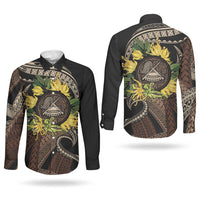 Samoa Moso'oi Flowers Tatau Couples Matching Off Shoulder Maxi Dress and Long Sleeve Button Shirt Festive Tapa Brown LT7 - Polynesian Pride