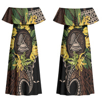 Samoa Moso'oi Flowers Tatau Couples Matching Off Shoulder Maxi Dress and Long Sleeve Button Shirt Festive Tapa Brown LT7 - Polynesian Pride